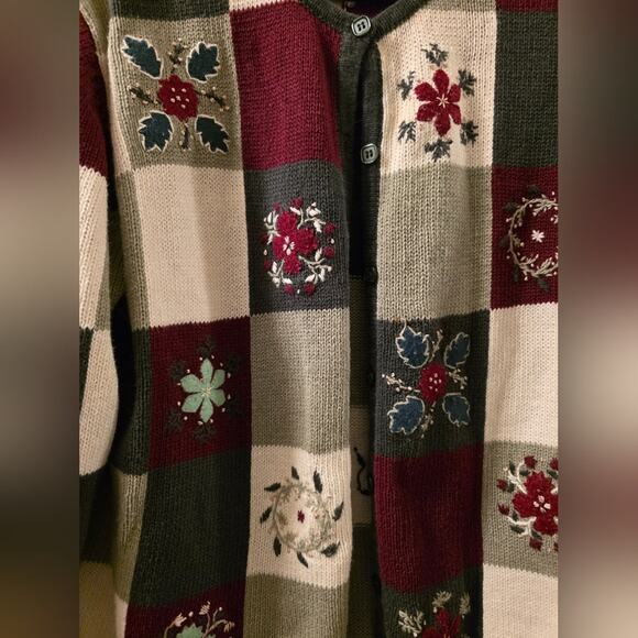 Vtg 90s Floral Hand Embroidered Knit Cardigan Sweater Womens Size XL Patchwork - Picture 6 of 8